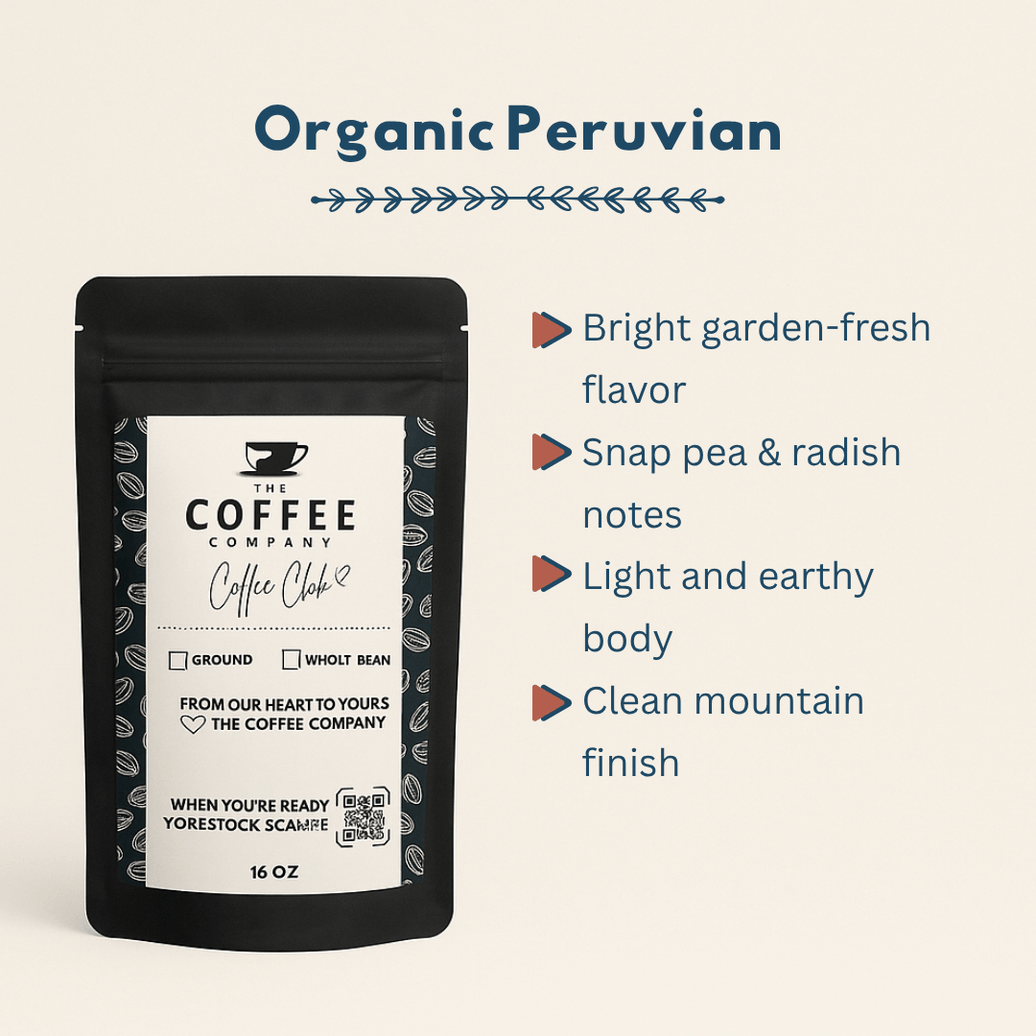 Coffee package with 'Organic Peruvian' flavor description on a beige background