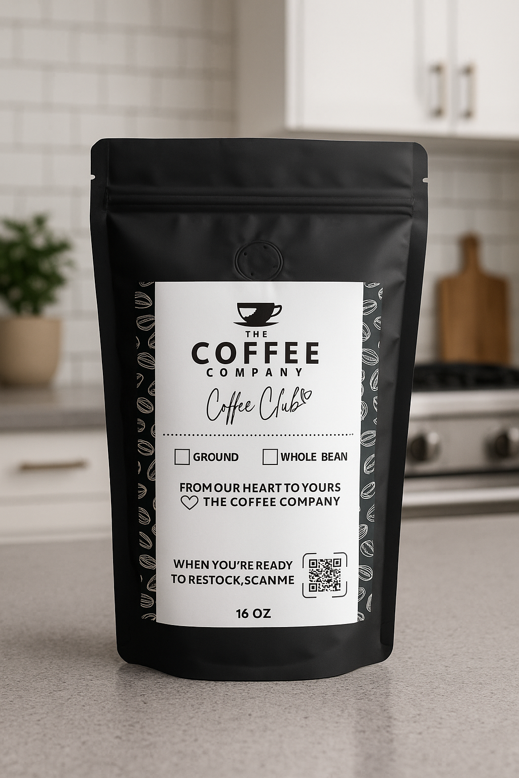 image Black coffee package with a label on a kitchen counter
