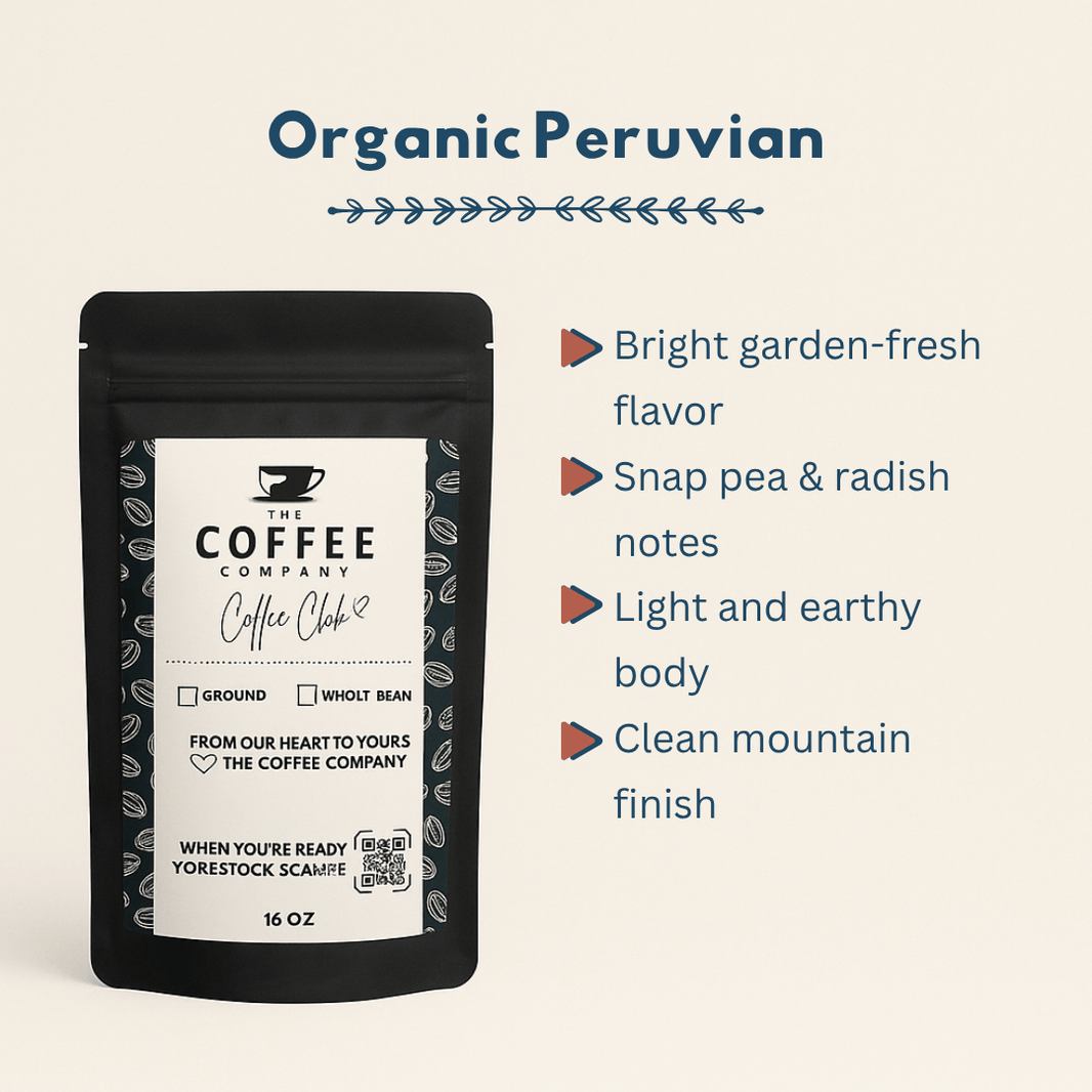Coffee package with 'Organic Peruvian' flavor description on a beige background