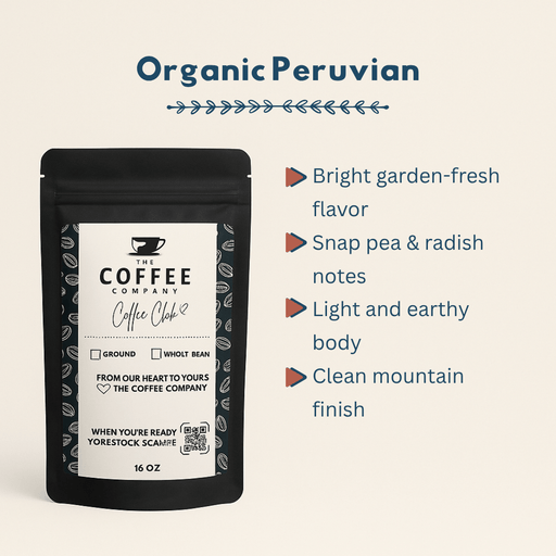Coffee package with 'Organic Peruvian' flavor description on a beige background