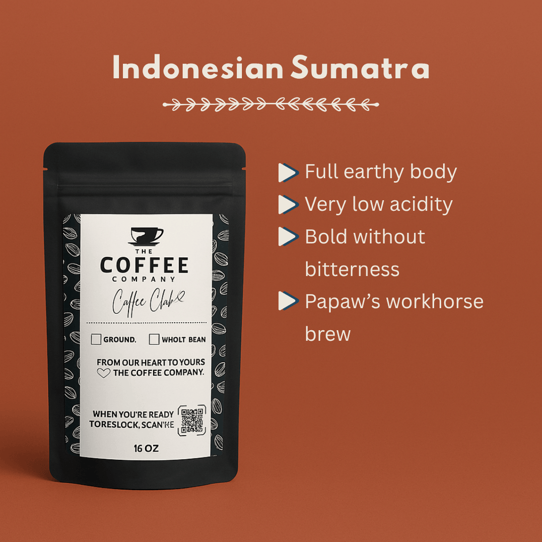 Coffee package labeled 'Indonesian Sumatra' with text describing coffee characteristics on a brown background.