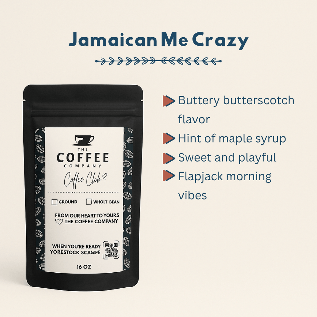 Coffee package with 'Jamaican Me Crazy' flavor description on a beige background