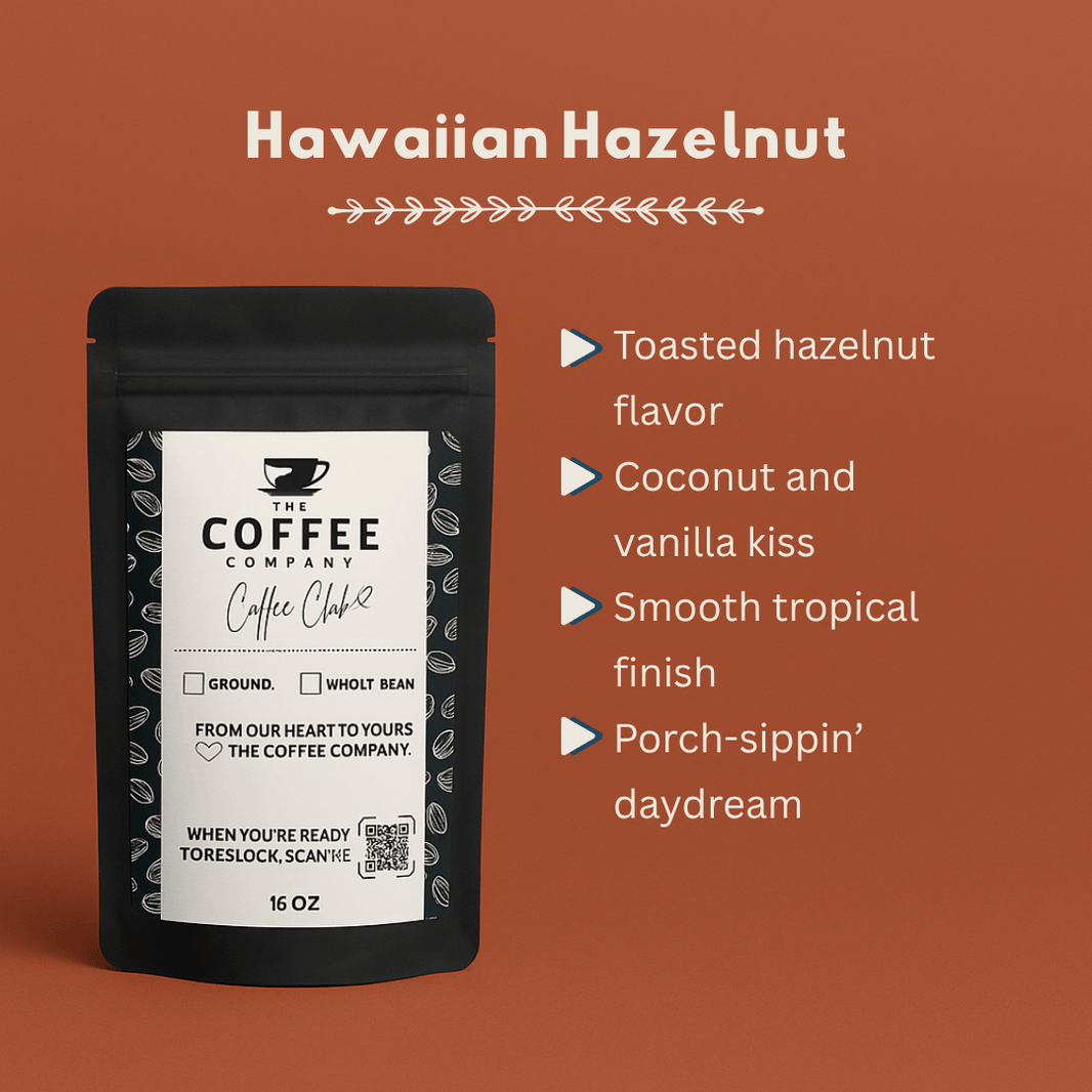 Coffee package with 'Hawaiian Hazelnut' flavor description on a brown background