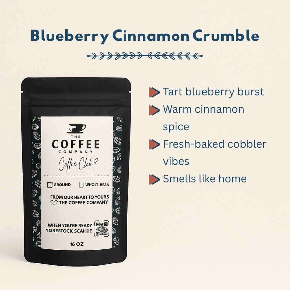 Coffee package labeled 'Blueberry Cinnamon Crumble' with description on a beige background