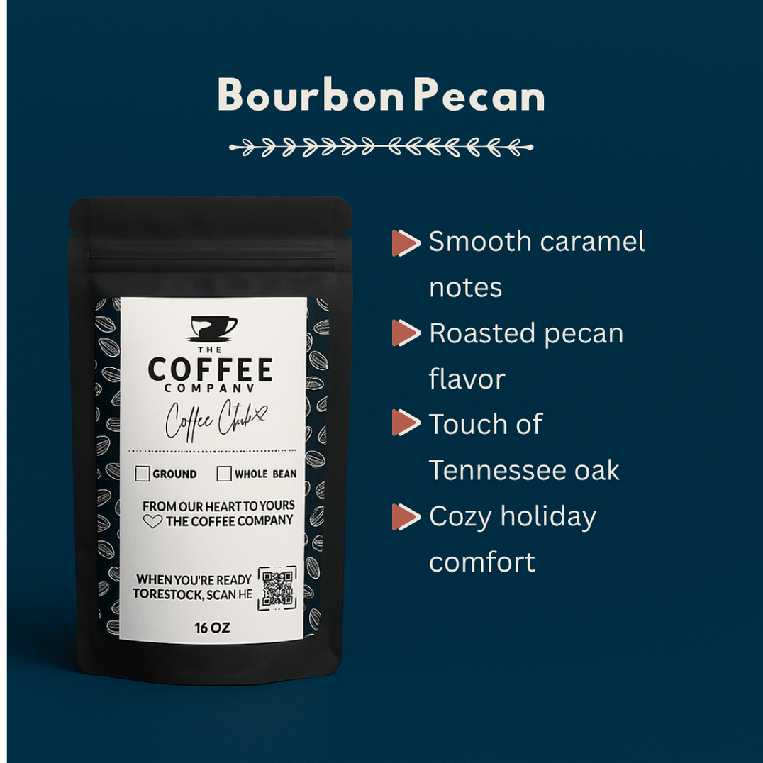 Coffee package labeled 'Bourbon Pecan' with flavor description on a blue background