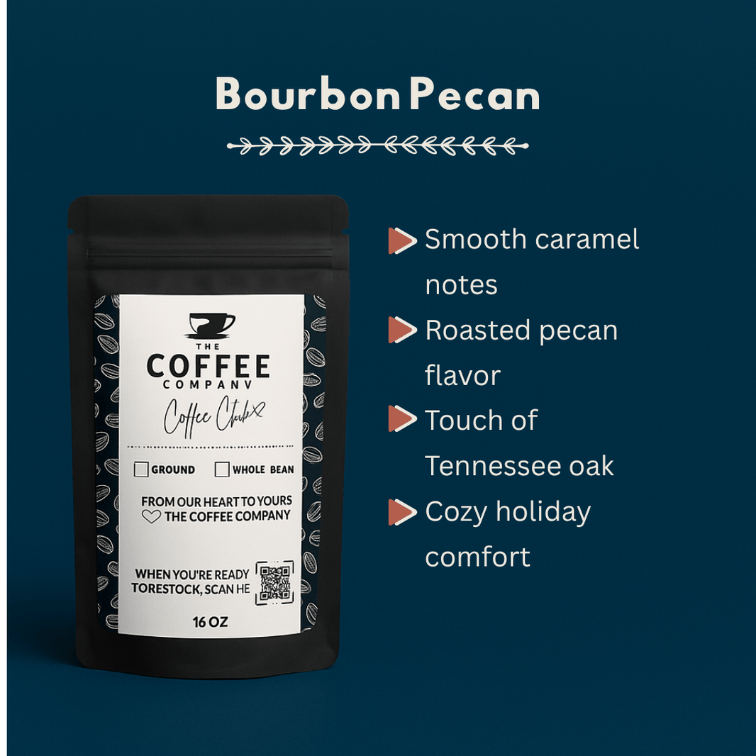 Coffee package labeled 'Bourbon Pecan' with flavor description on a blue background