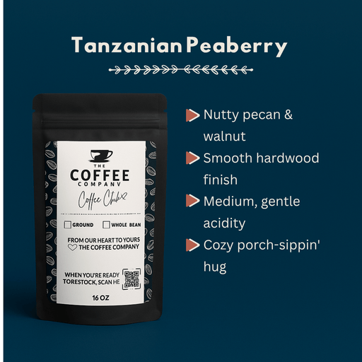 Coffee package labeled 'Tanzanian Peaberry' with description on a blue background