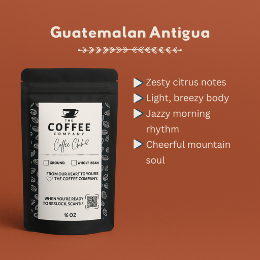 Coffee package with Guatemala Antigua coffee description on a brown background