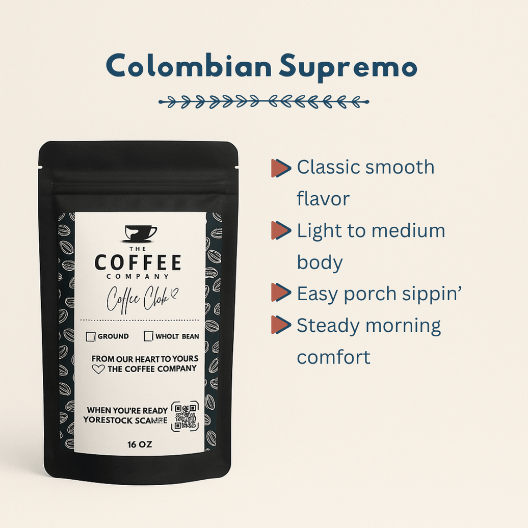 Coffee package labeled 'Colombian Supremo' with features listed on a beige background