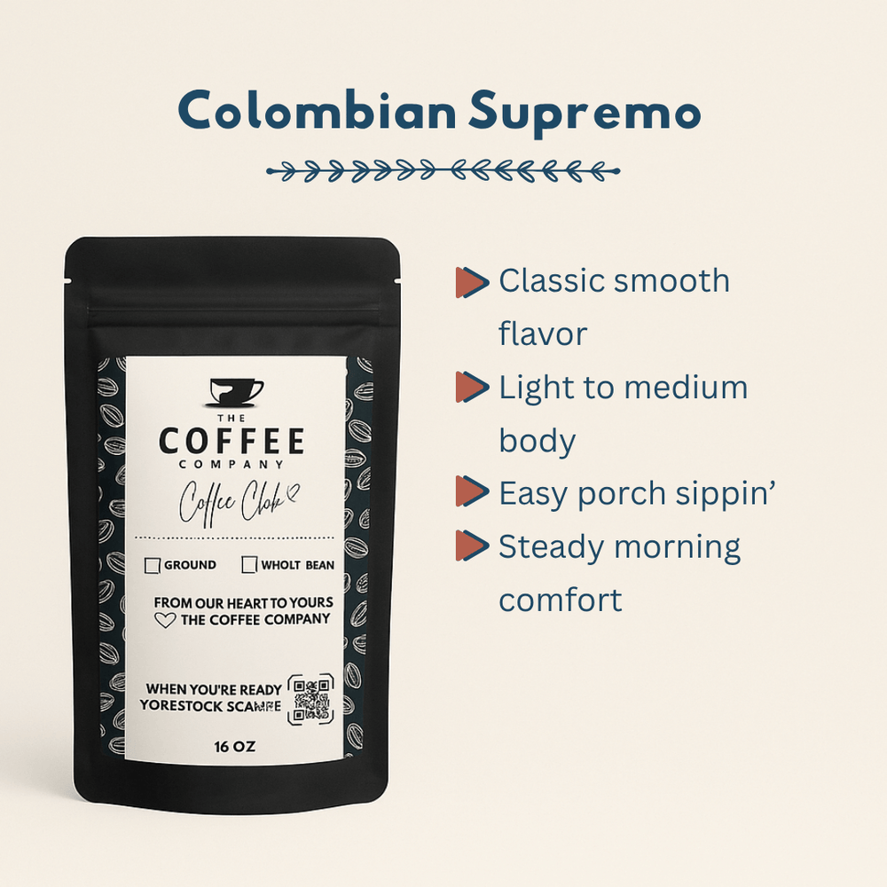 Coffee package labeled 'Colombian Supremo' with features listed on a beige background
