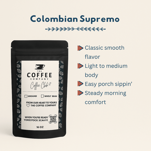 Coffee package labeled 'Colombian Supremo' with features listed on a beige background