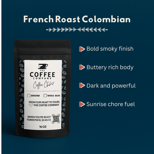 Coffee package with label on a dark blue background