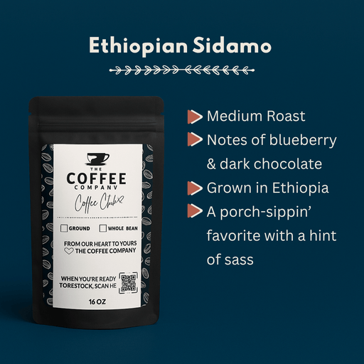 Coffee package with label on a blue background, featuring Ethiopian Sidamo coffee details.