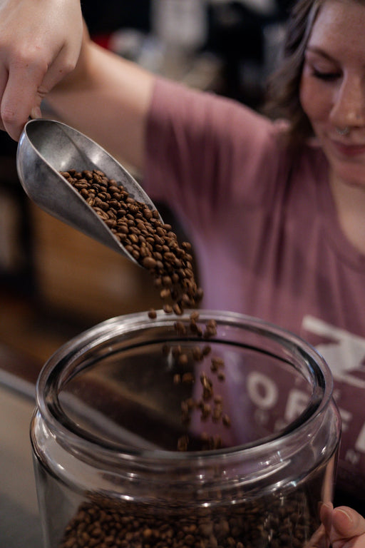 Person pouring coffee beans from a scoop into a glass jar.