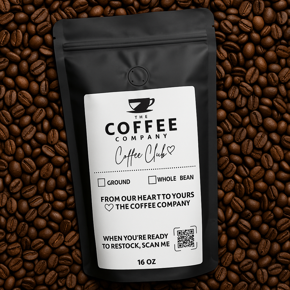 Coffee package with label on a bed of coffee beans
