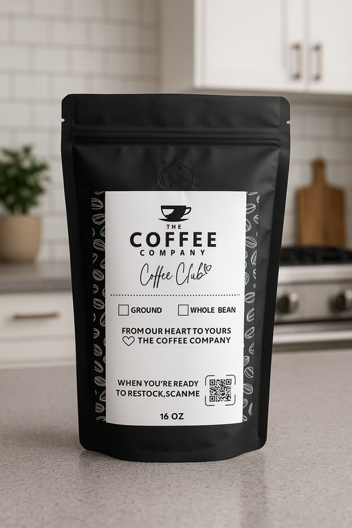 Black coffee package with a label on a kitchen counter